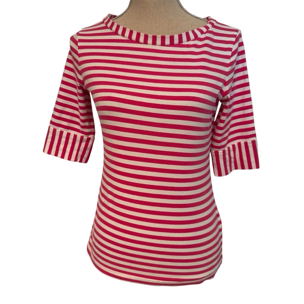 SARA CAMPBELL TOP TEE PINK WHITE ELBOW SLEEVE STRETCH BOAT NECK USA SIZE S